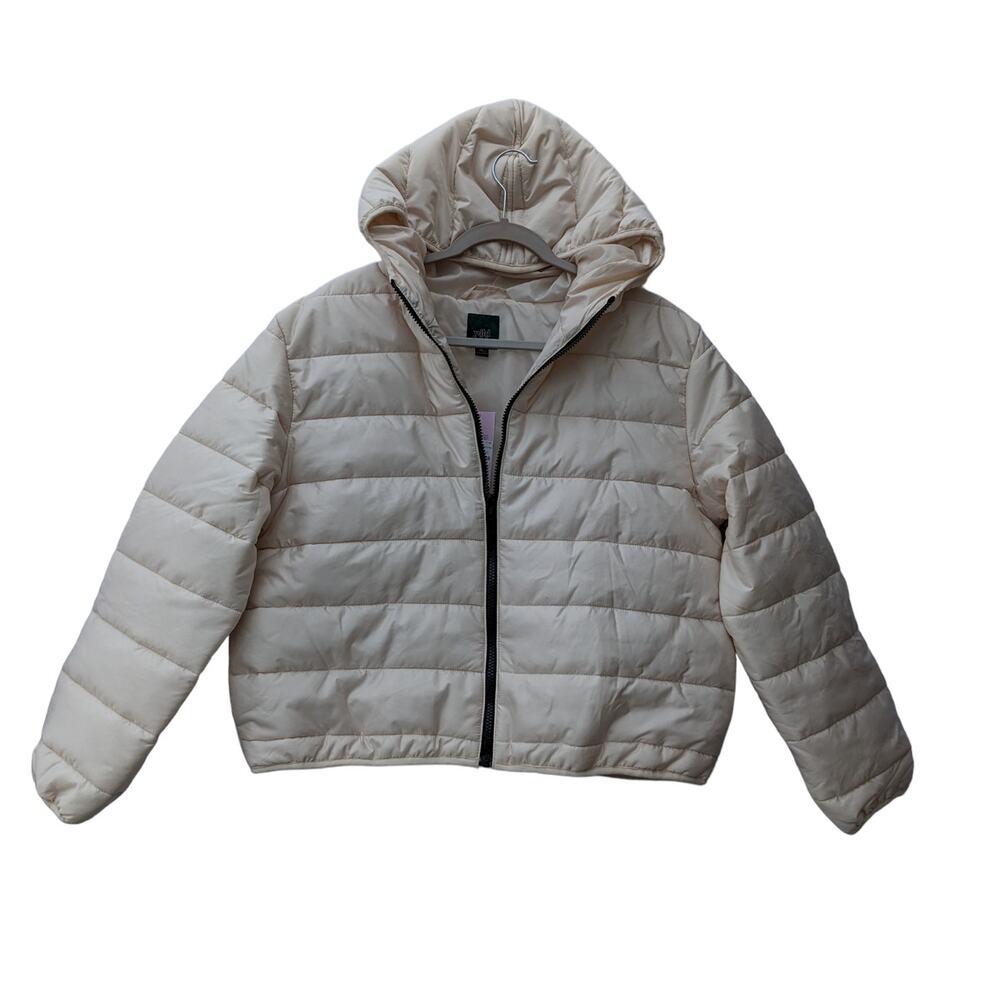Wild Fable Puffer Coat Hooded Winter Jacket Quilted Zip Up Medium Ivory Short